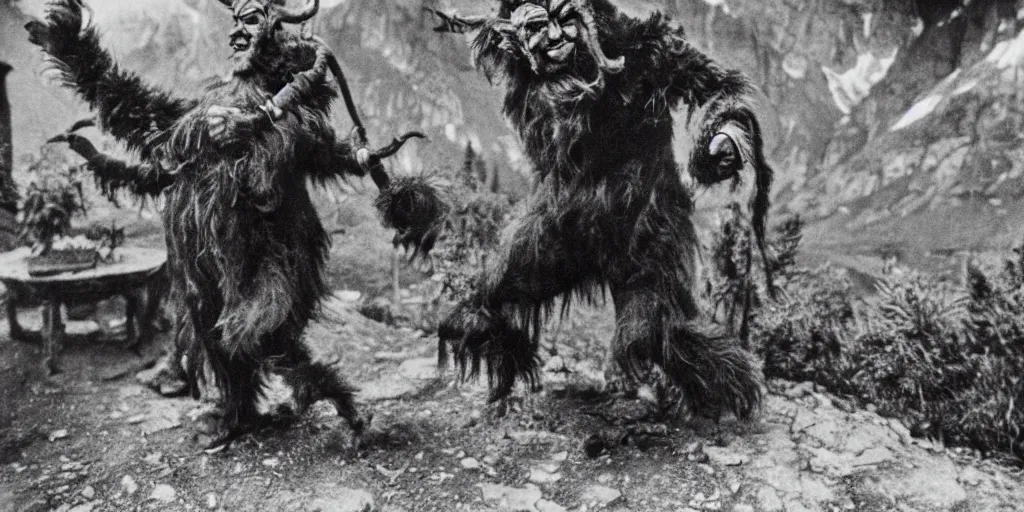 Image similar to krampus with big beak dancing in dolomites, hay fur, austrian folklore, 1920s photography, grainy, eerie, dark