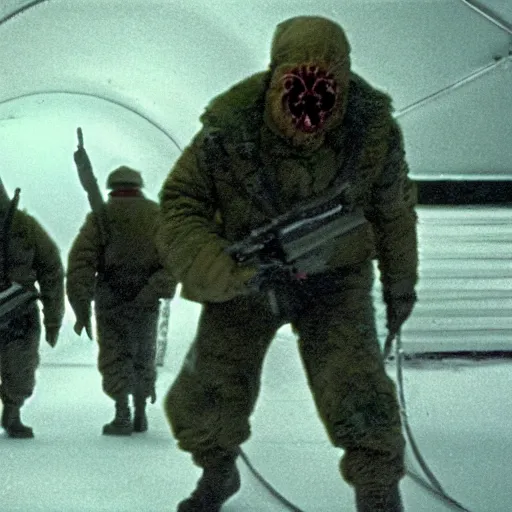 Prompt: filmic extreme wide shot dutch angle movie still 4k UHD interior 35mm film color photograph of soldiers being mutilated by a spiney shape shifting organism from The Thing 1982, in the style of a 1980s horror film