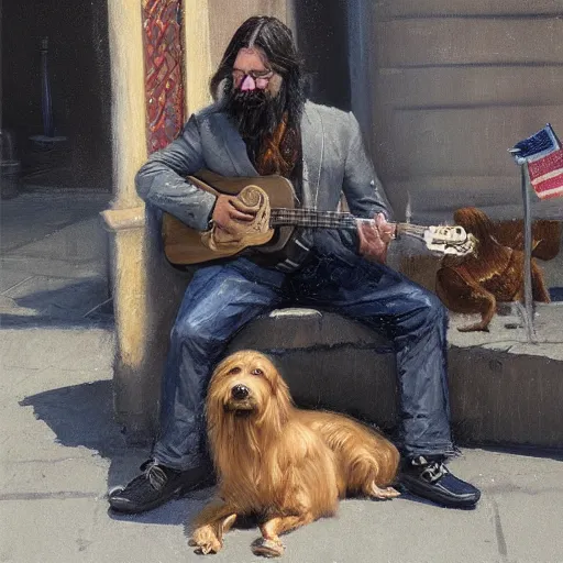 Image similar to oil painting of a man with long hair and a beard with his golden retrever dog playing guitar in the square for money people watching around, by greg rutkowski, artstation