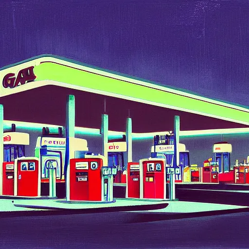 Prompt: a gas station at night by emiliano ponzi