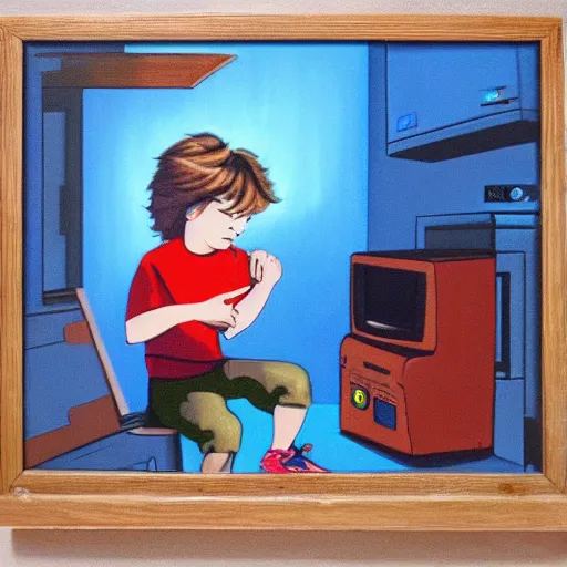 Prompt: a boy playing a video game on a wood panel CRT tv 1985 late at night oil on canvas