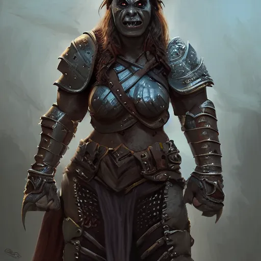 Prompt: Epic portrait an female orc with sleeve armor plates and protective lether shirt, muscular, pretty, glossy skin, glowing eyes, brown hair, digital painting, artstation, concept art, soft light, hdri, smooth, sharp focus, illustration, fantasy, intricate, elegant, highly detailed, D&D, matte painting, in the style of Greg Rutkowski and Alphonse Mucha and artemisia, 8k, highly detailed, jurgens, rutkowski, bouguereau, pastoral, rustic, georgic