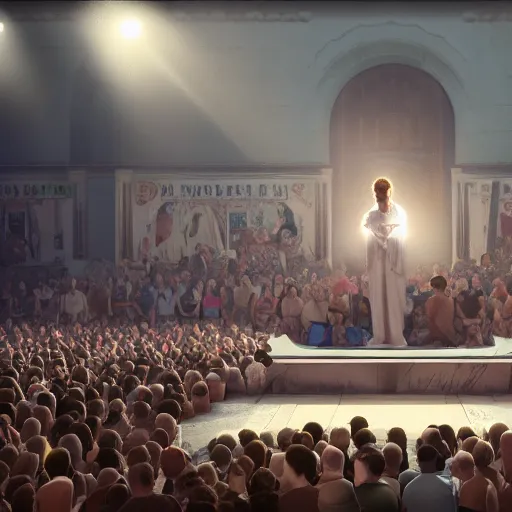 Prompt: jesus christ rapping on a podium to a crowd of people, 4 k image, hd, high res, unreal engine, medieval