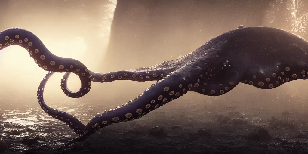 Image similar to beautiful one octopus in ocean, superwide angle, light through the mist, dramatic lighting, photorealistic, cinematic lighting, high detail, cinematic feel, high octane, 4 k, unreal engine, digital render, intricate, ultra realistic, concept art