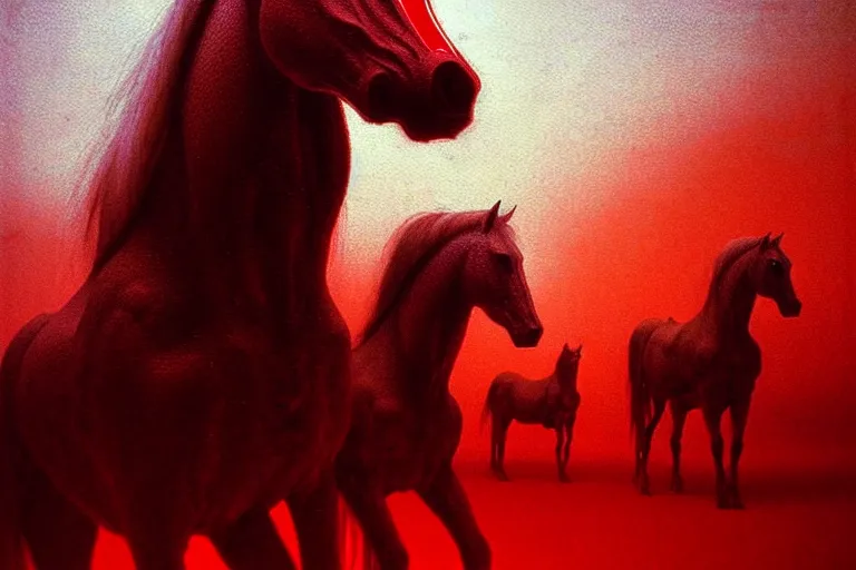 Image similar to a white cyberpunk horses with human heads, in the style of beksinski, intricate and epic composition, red by caravaggio, insanely quality, highly detailed, masterpiece, red light, artstation, 4 k