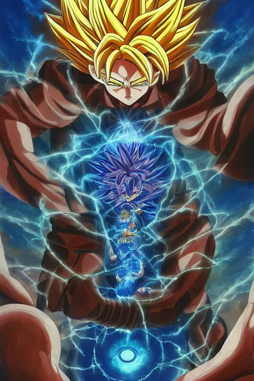 Prompt: Male Anime Character Son Goku Super Saiyan 4 cyborg in the center giygas epcotinside a space station eye of providence Beksinski Finnian vivid HR Giger to eye hellscape mind character Environmental