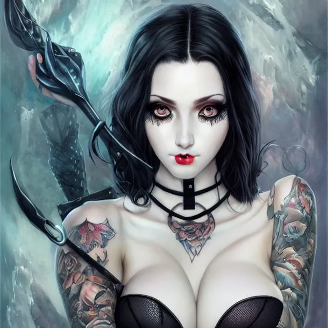 Image similar to two beautiful pale skin white eyed cosplay girls, black hair, fully tattooed body, fishnet corset with choker, symmetrical, beautiful detailed face, masterpiece, artstation contest winner, trending artgerm, art by magali villeneuve and karol bak and artgerm and stanley lau and wlop