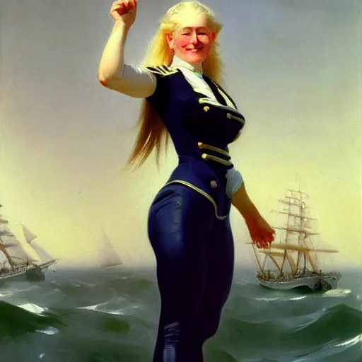 Image similar to painting of a muscular albino female sailor woman with broad shoulders, flowing white hair, and a confident smile, naval uniform, on a boat at sea. painting by john singer sargent and ivan aivazovsky, 4 k hd artstation