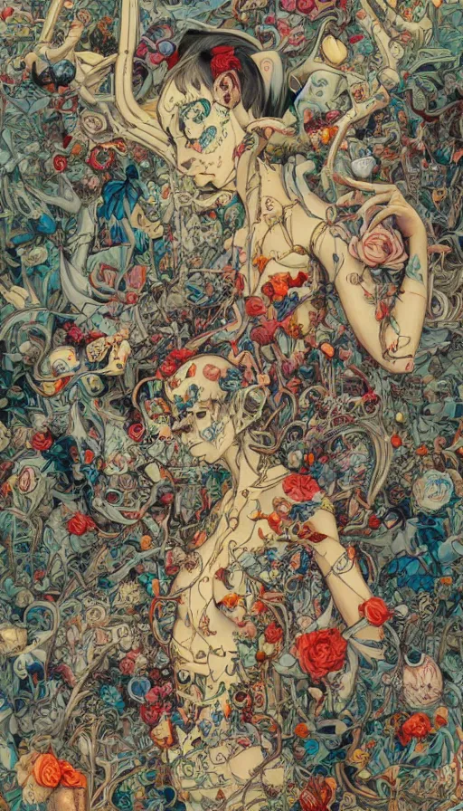 Image similar to life and death mixing together, by james jean