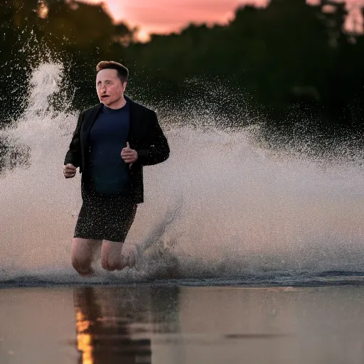 Prompt: elon musk running through water in slow motion with the sun setting in the background, golden hour, 4 k, animal, nature, sony a 7 r iii, 8 5 mm, f / 1. 8, 2 0 1 8