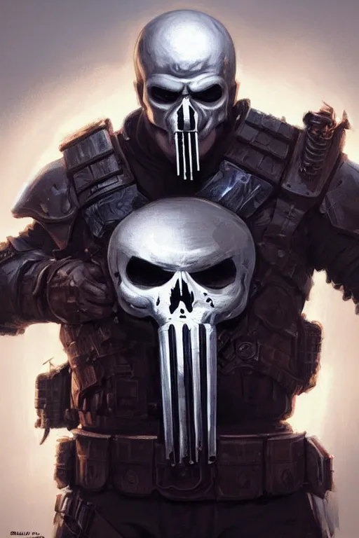 Image similar to Boris Johnson as Punisher with a skull on the armor plate, portrait,, highly detailed, digital painting, artstation, concept art, smooth, sharp focus, illustration, cinematic lighting, art by artgerm and greg rutkowski and alphonse mucha