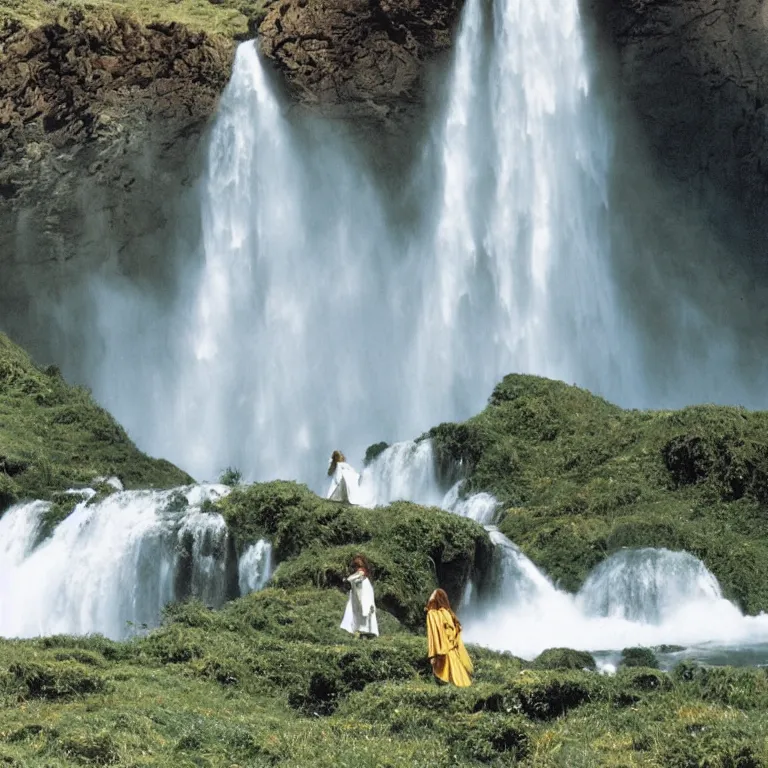 Image similar to bright 1 9 7 0's artistic technicolor spaghetti western film, a large huge group of women in a giant billowing wide long flowing waving shining bright white dresses made of white smoke, standing inside a green mossy irish rocky scenic landscape, huge waterfall, volumetric lighting, backlit, atmospheric, fog, extremely windy, soft focus