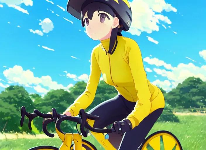 Prompt: portrait of cute girl riding road bike, sunny sky background, lush landscape, illustration concept art anime key visual trending pixiv fanbox by wlop and greg rutkowski and makoto shinkai and studio ghibli and kyoto animation, symmetrical facial features, sports clothing, yellow helmet, nike cycling suit, backlit, aerodynamic frame, yowamushi pedal