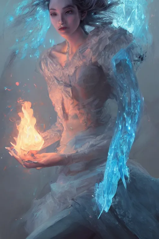 Image similar to beautiful girl necromancer, witch - doctor covered with ice exploding into ice, angels, 3 d render, hyper realistic detailed portrait, holding fire and electricity, ruan jia, wlop. scifi, fantasy, magic the gathering, hyper detailed, octane render, concept art, peter mohrbacher