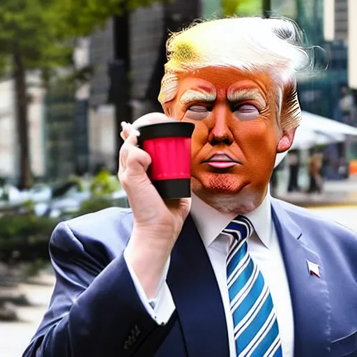 Prompt: donald trump drinking starbucks