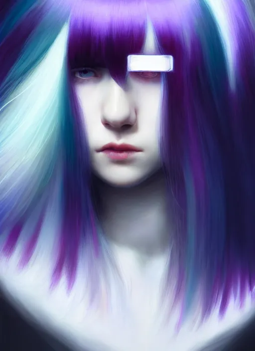 Image similar to hair whitebangs hair, portrait of teenage girl with white bangs, red irises, black hair, purple clothes, white bangs, bangs are different color from hair, intricate, elegant, glowing lights, highly detailed, digital painting, artstation, concept art, smooth, sharp focus, illustration, art by wlop, mars ravelo and greg rutkowski