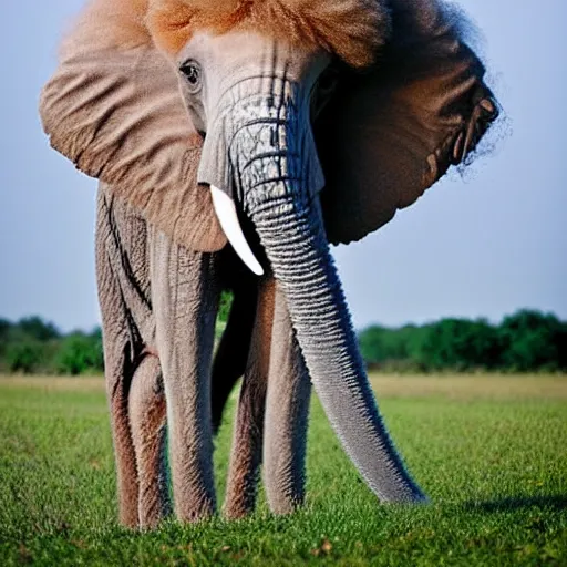 Image similar to cross between a poodle and an african elephant, standing on the affrican savanah, fluffy white curly fur, award winning photography