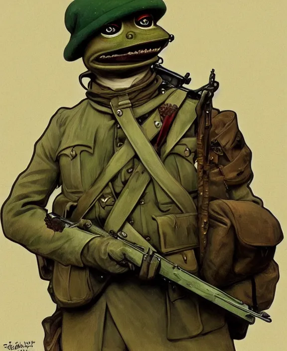 Image similar to Pepe the Frog in WW1 military uniform, Schutztruppe, German Empire, WW1, Tooth Wu Artgerm Greg Rutkowski Alphonse Mucha Beeple artstation deviantart, 8k, fanart, extreme aesthetic