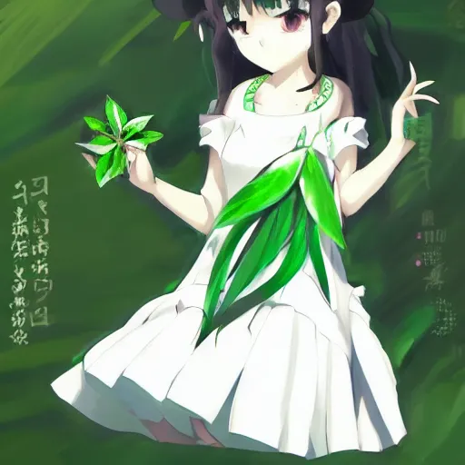 Prompt: a girl in a white dress with a green leaf on her head, concept art by muqi, featured on pixiv, mingei, official art, full body, anime aesthetic