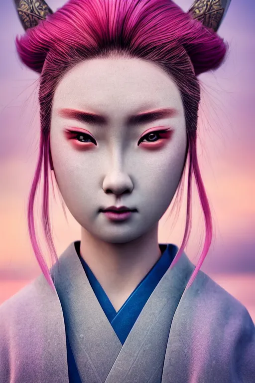 Prompt: highly detailed beautiful photo of a young female samurai, symmetrical face, beautiful eyes, pink hair, realistic anime art style, 8 k, award winning photo, pastels colours, action photography, 1 / 1 2 5 shutter speed, sunrise lighting