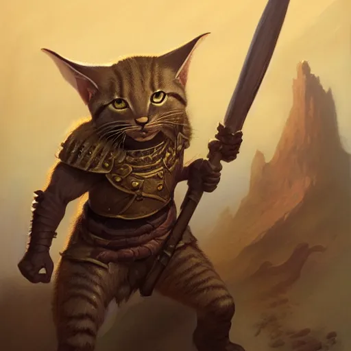 Image similar to ( ( ( full length portrait of tabby tabaxi warrior, halberd, breastplate ) ) ), d & d, tyler jacobson, greg rutkowski, frank frazetta, alexandre chaudret, boris vallejo, michael whelan, miro petrov, magali villeneuve, donato giancola