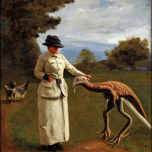 Image similar to female park ranger petting a veloceraptor by alfred stevens