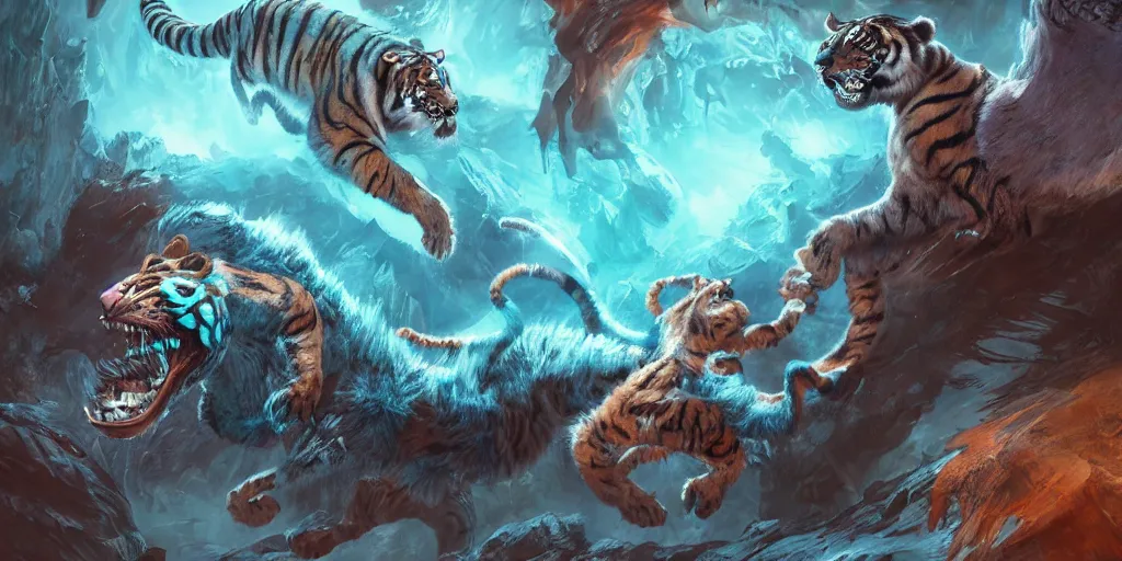 Image similar to Ghostly tiger made out of turquoise energy creature character design sheet, Monster Hunter Illustrations art book, Bright sparks, claws, huge sabertooth fangs, Moebius, Greg Rutkowski, Zabrocki, Karlkka, Jayison Devadas, Phuoc Quan, trending on Artstation, 8K, ultra wide angle, zenith view, pincushion lens effect.