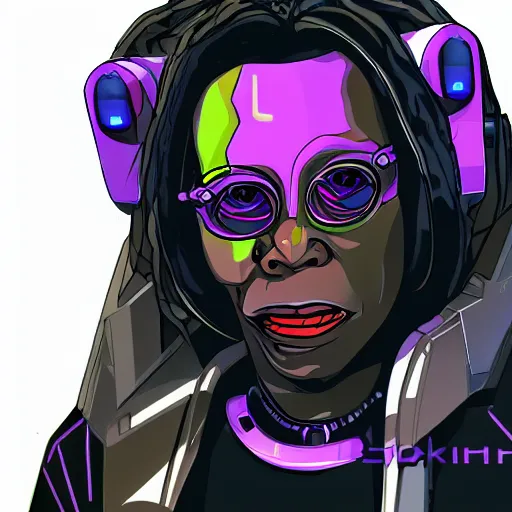 Image similar to cyberpunk robotic whoopi goldberg, sharp lines, digital, artstation, colored in