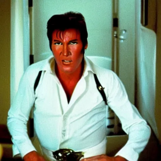 Image similar to Harrison Ford dressed as Elvis sitting on the toilet red in the face with eyes crossed