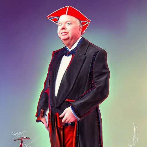 Prompt: portrait of lindsey graham dressed like a court jester. highly detailed, digital painting, cinematics, hyper realistic. dark retrowave. by stanley lau, villeneuve