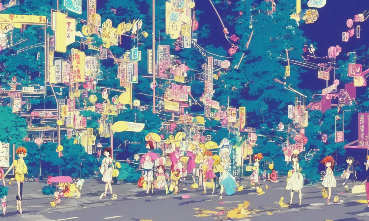 Image similar to A cute aesthetic still frame from an 80's Sailor Moon anime, minimal street in Japan with a waterfall