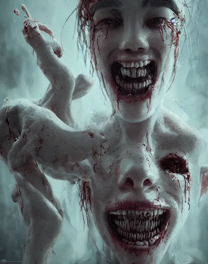 Image similar to an infectious smile in a horror film, intricate artwork by Tooth Wu and wlop and beeple. octane render, trending on artstation, greg rutkowski very coherent symmetrical artwork. cinematic, hyper realism, high detail, octane render, 8k