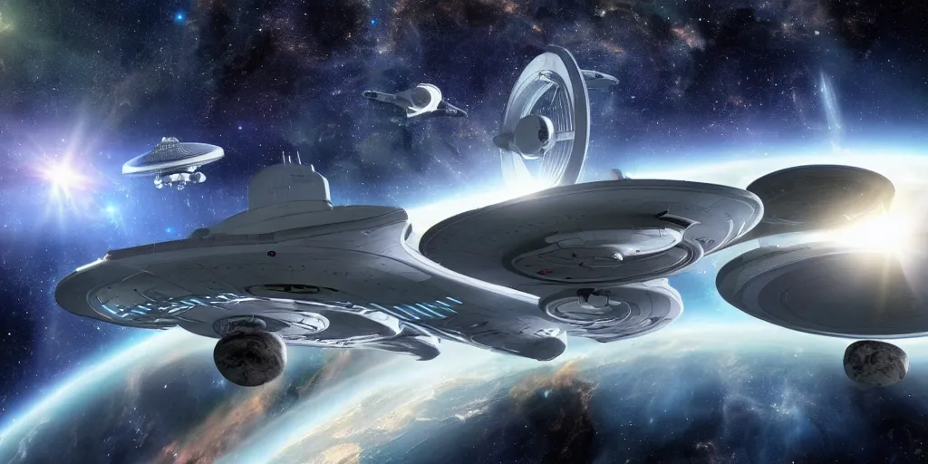 Prompt: scenic view of a Star Trek Enterprise spaceship flying in a starry outer space, realistic epic image