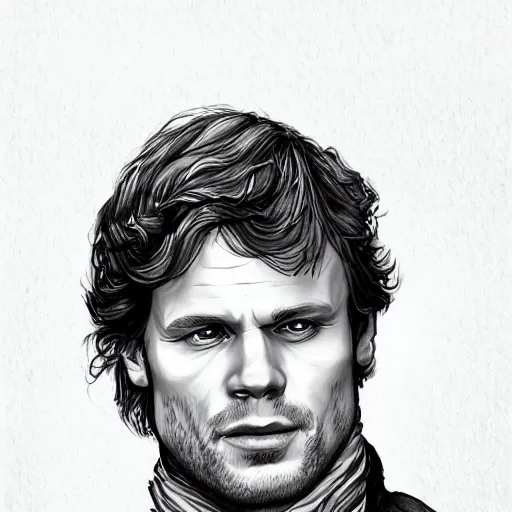 Image similar to Jamie Fraser caricature portrait by Sebastian Krüger anda Bruno Tesse trending on artstation, perfect composition, Scotland background