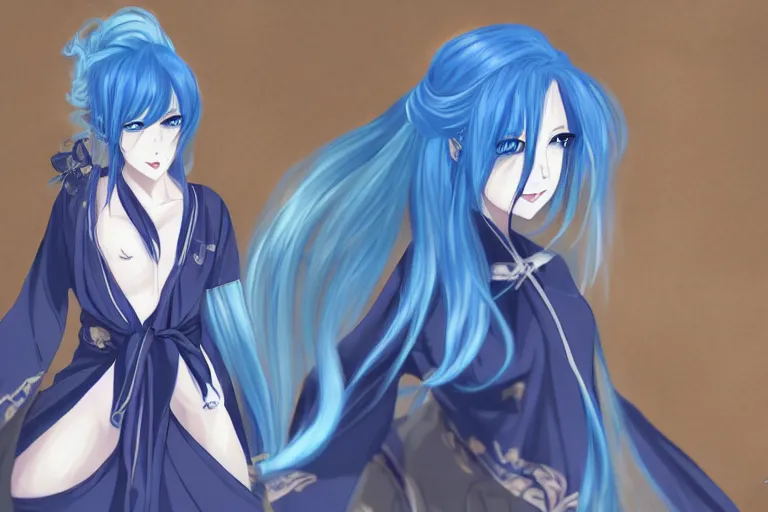 Prompt: blue haired handsome woman posing in dark, anime, pixiv id 8 4 8 3 6 9 2, genshin impact, eula, wallpaper anime girl, hanfu