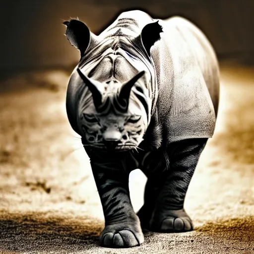 Prompt: a feline cat - rhino - hybrid, animal photography