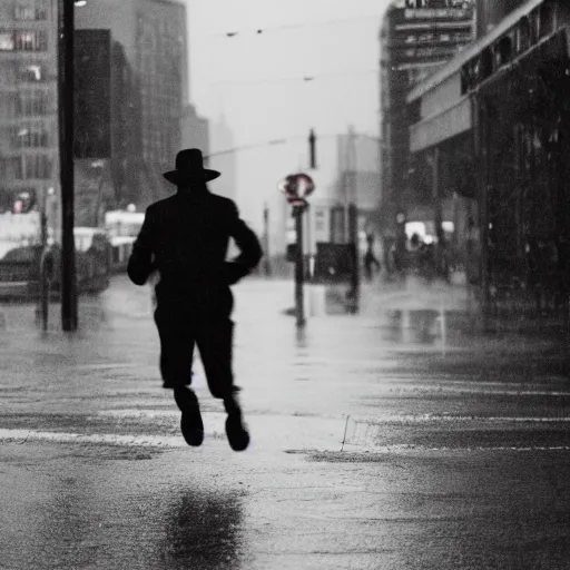 Prompt: a photograph of a man running down the street wearing a hat on a rainy day on expired kodak film, 3 5 mm