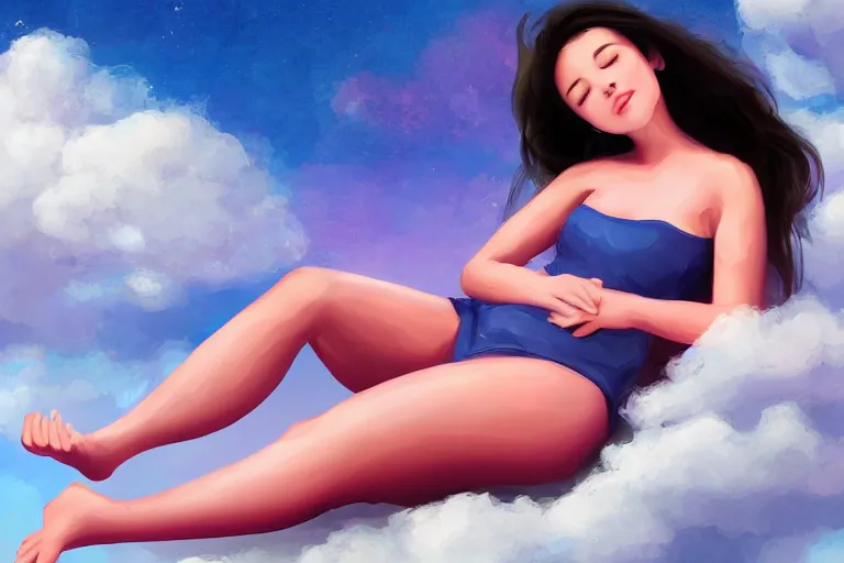 Prompt: a cute beautiful girl sitting on a cloud relaxing, digital painting, portrait