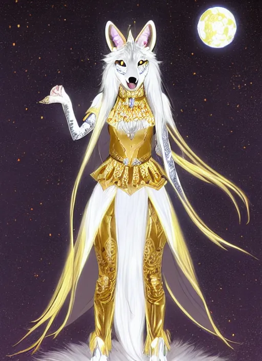 Prompt: commissioned full body portrait of a female anthro wolf-headed princess fursona with white hair wearing a white and gold chinese armored dress in a white and gold palace on a starry night with a large rescent moon, by a professional manga illustrator, Stanley Artgerm Lau, WLOP, Rossdraws, James Jean, Andrei Riabovitchev, Marc Simonetti, and Sakimichan, trending on artstation