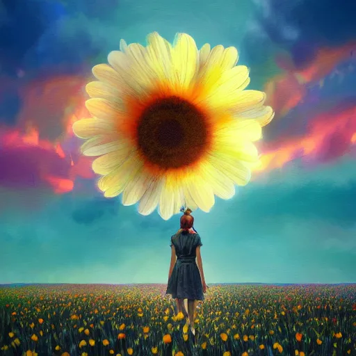 Image similar to giant daisy flower as a head, girl walking in flower field, surreal photography, sunrise, dramatic light, impressionist painting, colorful clouds, digital painting, artstation, simon stalenhag