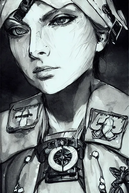 Prompt: beautiful portrait of a female officer wearing a fancy naval uniform, eyepatch, concept art by yoji shinkawa, felt tip pen, intricate detail, sharp focus, illustration