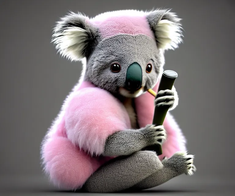 Image similar to high quality 3 d render hyperrealistic very cute small koala smoking weed, plush mascot, short spiky dense fluffy smooth hair, photo from the side, pink fluffy fur, 1 5 0 mm, beautiful natural soft light, rim light, vray, smooth background, artstation, ultra detailed
