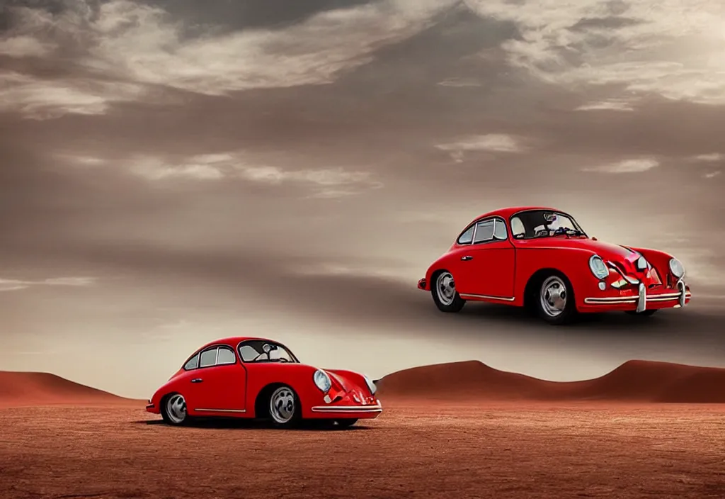 Image similar to “a red porsche 356 is parked in the middle of the desert, a matte painting by Scarlett Hooft Graafland, featured on unsplash, australian tonalism, anamorphic lens flare, cinematic lighting, rendered in unreal engine”