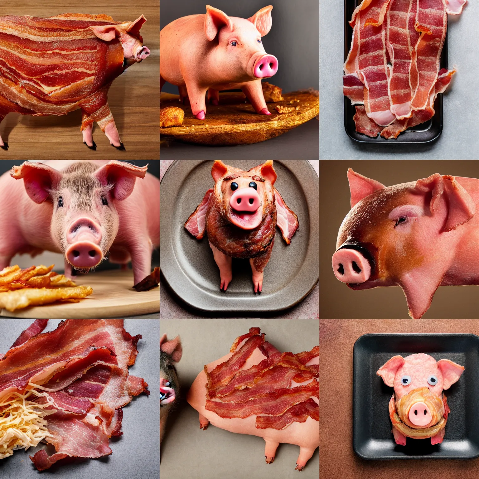 Prompt: a pig in the material of crispy bacon, a pig made out of crispy bacon