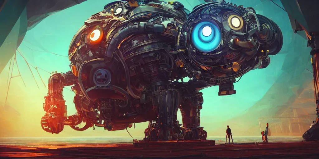 Image similar to huge mechanical creature robot in the middle, its big round eye facing the camera, the eye emits a radiating glowing aura, symmetrical, global illumination, ray tracing, underwater background, diesel punk vibes, hdr, fanart, artstation, by ian pesty and alena aenami, artworks, 4 k