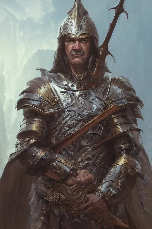 Image similar to portrait of antonio banderas as holy paladin, fantasy, d&d, intricate, highly detailed, smooth, artstation, digital illustration by Ruan Jia and Mandy Jurgens and Artgerm and Wayne Barlowe and Greg Rutkowski and Zdislav Beksinski