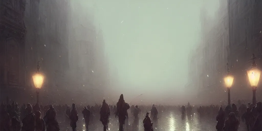 Prompt: a parade in a heavy swirling fog, soft lighting, night, stephen bliss, misty, unreal engine, oild painting, fantasy art by greg rutkowski, loish, rhads, ferdinand knab, makoto shinkai and lois van baarle, ilya kuvshinov, rossdraws, tom bagshaw, illustration, detailed and intricate environment