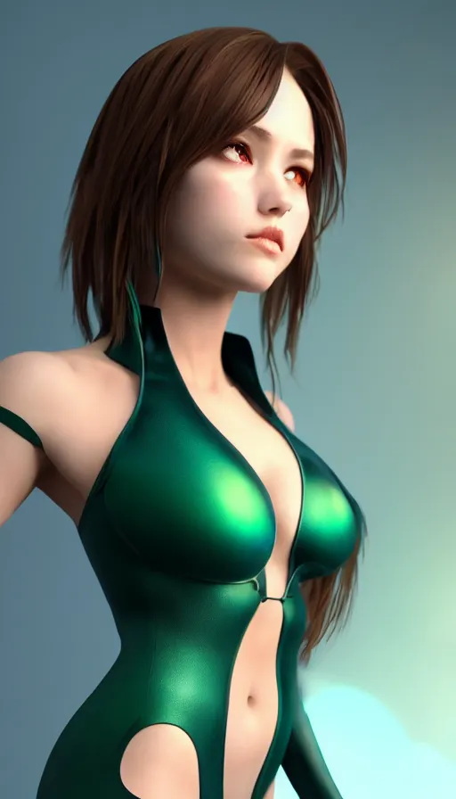 Image similar to render beautiful 3 d anime woman with short brown hair, heterochromia, blue eye and green eye, bodysuit, heavy makeup, short smile, cinematic lightning, highly detailed, trending on artstation, unreal engine 4 k, cinematic wallpaper