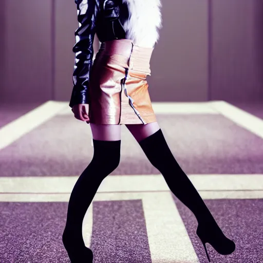 Image similar to a dynamic, epic cinematic 8K HD movie shot of a japanese young J-Pop idol girl wearing leather jacket, miniskirt, nylon tights and high heels boots. Motion, VFX, Inspirational arthouse