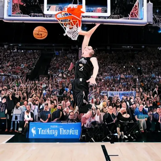 Image similar to photograph of stephen hawking in a wheelchair flying in the air dunking, highlights of the 2 0 1 9 nba slam dunking contest